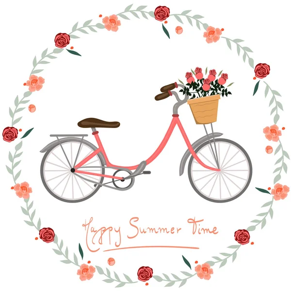 Vykort Happy sommar tid med cykel och blommor vektor bild — Stock vektor