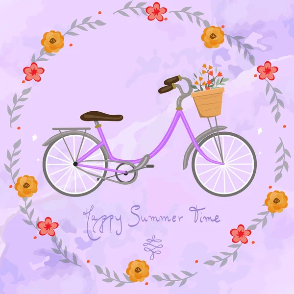 Cartolina Felice estate con bici e fiori immagine vettoriale — Vettoriale Stock