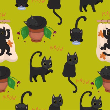 Sarı gözler ile siyah yavru kedi çeşitli pozlar vektör görüntü