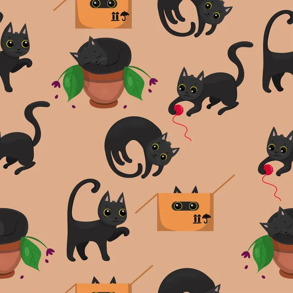 Gatitos negros con ojos amarillos en varias poses imagen vectorial — Vector de stock