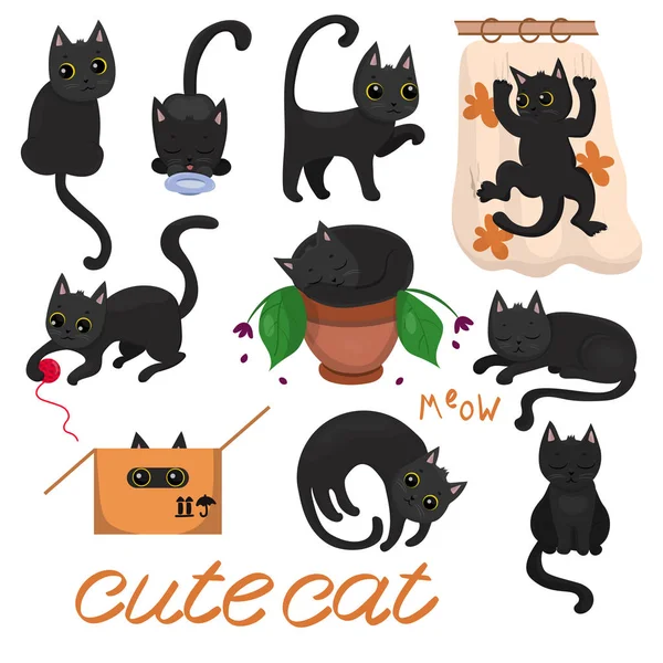 Gatitos negros con ojos amarillos en varias poses imagen vectorial — Archivo Imágenes Vectoriales