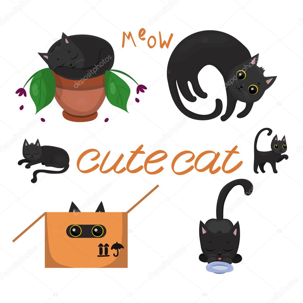 Black kittens with yellow eyes in various poses vector image