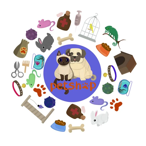 Diseño de póster de tienda de mascotas con muchas mascotas y accesorios ilustración vectorial — Vector de stock