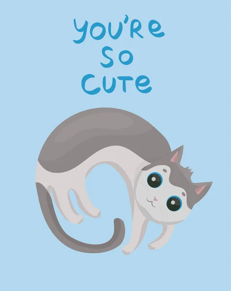 การ์ดที่มีแมวสีเทาน่ารักบนการออกแบบเวกเตอร์พื้นหลังสีฟ้า . — ภาพเวกเตอร์สต็อก