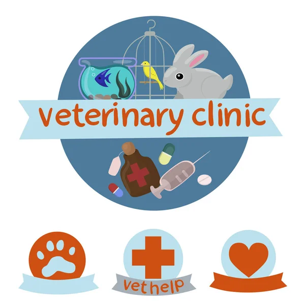 Logotipo de la Clínica Veterinaria con la imagen de canario, conejo y pescado. Ilustración vectorial . — Vector de stock