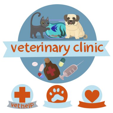 Simgeler ve logo vektör koleksiyonu. Veteriner kliniği için logo. Sevimli simgeler ayarlayın. Düz logo tasarımı.