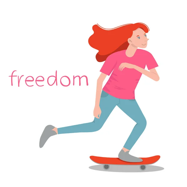 De meisje Skater. Beauty Girl met rood haar surfen op skateboard. Platte vector illustratie geïsoleerd object. — Stockvector