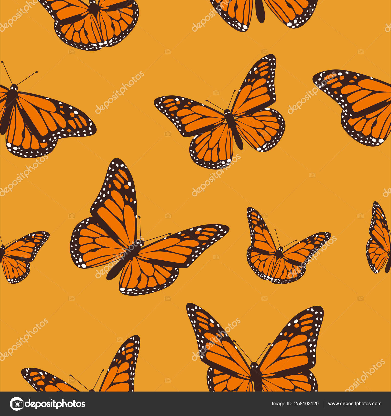 Orangefarbener Schmetterling-Monarch auf hellorangefarbenem Hintergrund.  nahtloses Muster. Vektor-Abbildung Folge 10. Stock-Vektorgrafik von  ©burbura 258103120