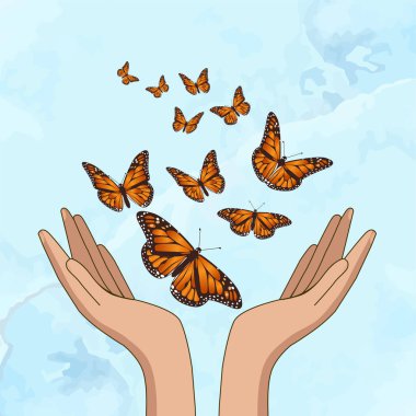 Hands releasing orange monarch butterflies. Vector illustration clipart