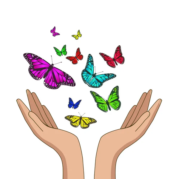 Mãos liberando borboletas monarca coloridas. Ilustração vetorial — Vetor de Stock