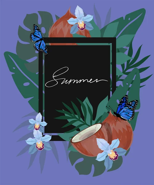 Sommer handgezeichnete Schriftzüge und tropische Pflanzen, Blätter und Blumen. Vektorillustration. — Stockvektor