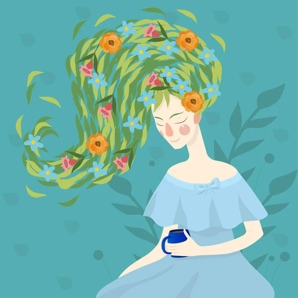 Portret van jonge mooie vrouw met bloemen. Sjabloon voor visitekaartjes, reclame, flyers, webdesign. — Stockvector