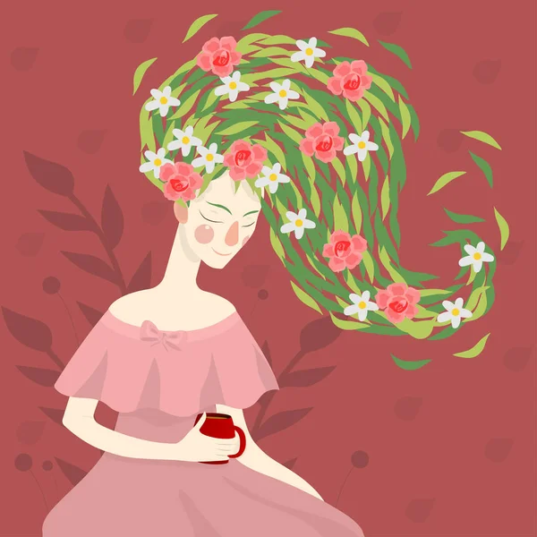 Portret van jonge mooie vrouw met bloemen. Sjabloon voor visitekaartjes, reclame, flyers, webdesign. — Stockvector