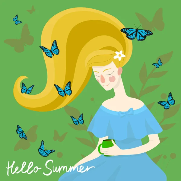 Schönes Mädchen mit Schmetterlingen auf dem Kopf. Vektorillustration. — Stockvektor