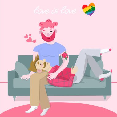 Eşcinsel arkadaşlar, bir kanepede oturan çift ve yazıt Aşk aşk vektör görüntüdür. Karikatür düz vektör illüstrasyon.