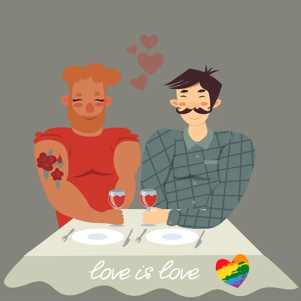 Casal homossexual no jantar na mesa com copos de vinho. ilustração vetorial —  Vetores de Stock