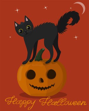 Cadılar Bayramı balkabağının üstündeki siyah kedi yavrusu. cadılar bayramı için tebrik kartı. vektör görüntüsü