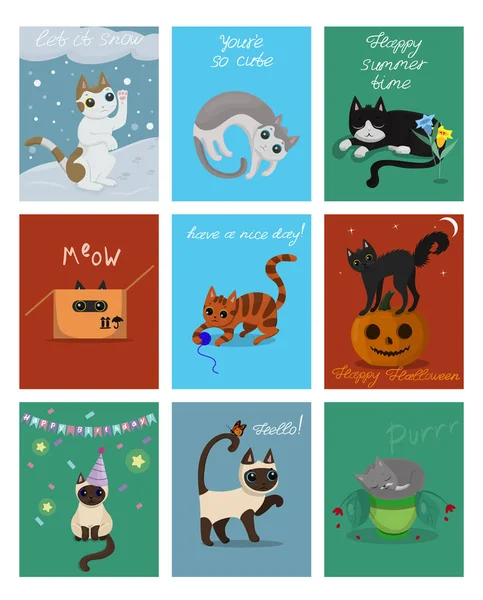 Um grande conjunto de nove cartas com gatinhos. Postais para o Natal, Halloween, aniversário e outros. Vector clip art —  Vetores de Stock