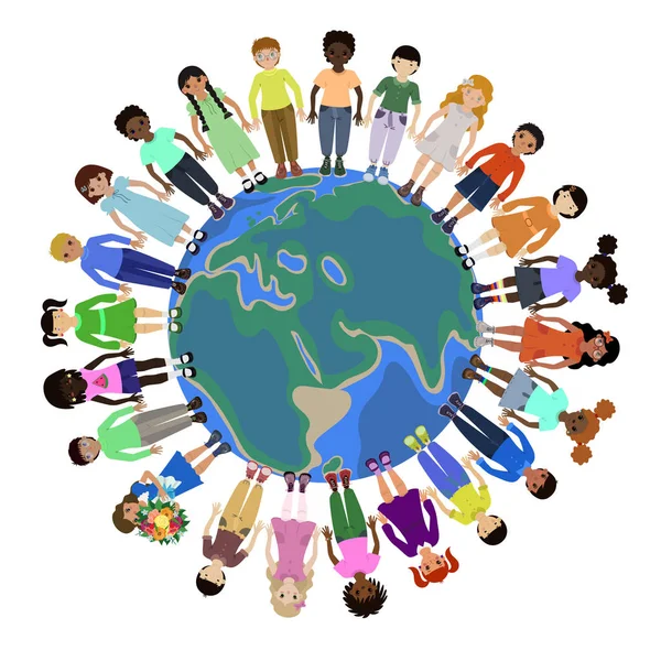 Children of different races holding for hands around the world — Stock Vector