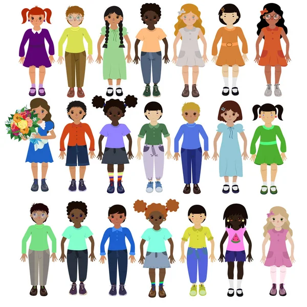 Niños divertidos de diferentes razas con varios peinados e imagen vectorial de ropa — Vector de stock