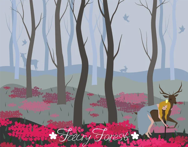 Prinzessin reitet auf einem Hirsch im Märchenwald Hintergrund für verschiedene Designelemente Vektorbild. — Stockvektor