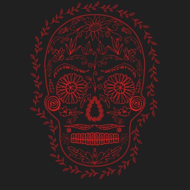 Siyah arka plan tasarım öğesi vektör görüntüsü nde kırmızı çiçeklerkafatası