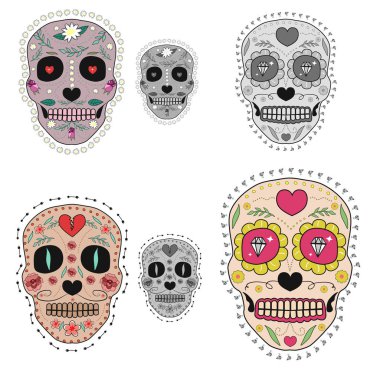 Şeker kafatasları çizimler seti. Poster, kartpostal, el ilanı, afiş, baskı için tasarım öğeleri. Vektör çizimi