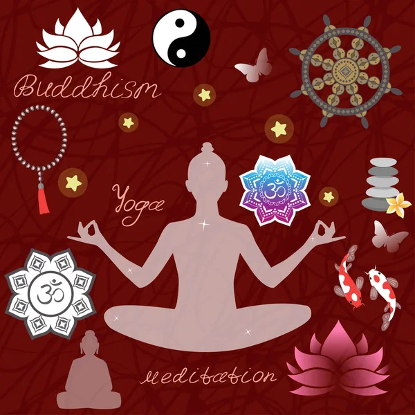 Agama Buddha desain dengan simbol suci, vektor. Wanita dalam posisi teratai, ikan koi, rosario. Pebble and Om Sign, Wheel of Fortune and Yin Yang Sign - Stok Vektor