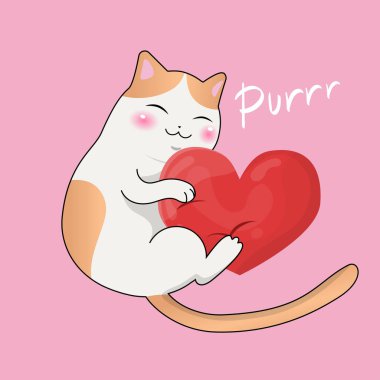 Uyuyan sevimli kawaii kedi yavrusu kalp şeklinde bir yastığı kucaklar. T-shirt veya tebrik kartı ve daha fazlası için yazdırın. Vektör görüntüsü