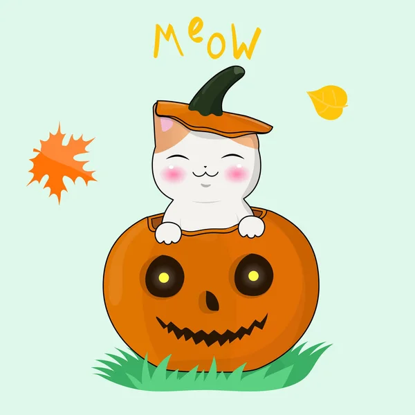 Happy Kawaii Kitten siedzi w dyni Halloween. Pocztówka, naklejka, druk na koszulce i wiele więcej. Obraz vectonic. — Wektor stockowy