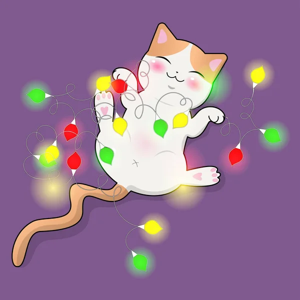 Sevimli kedi çok renkli çelenk ile oynar. Etiket, kartpostal, t-shirt baskı ve daha fazlası. Vektör resmi — Stok Vektör