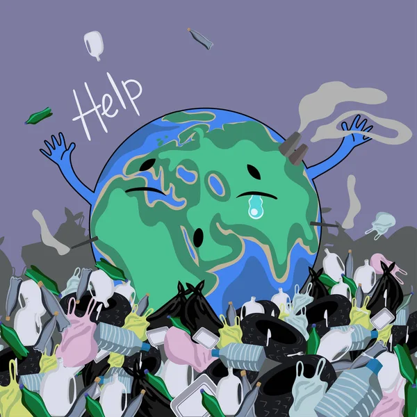 Um cartaz com o planeta Terra entre o lixo. Ajuda de inscrição. Imagem vetorial . —  Vetores de Stock
