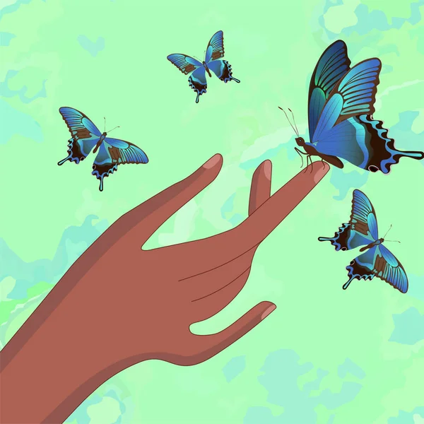 A butterfly sits on a finger. Vector image — Stock Vector