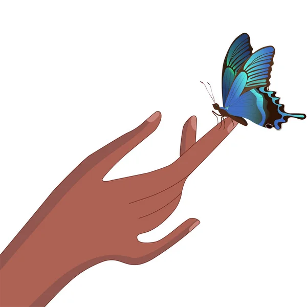 A butterfly sits on a finger. Vector image — Stock Vector