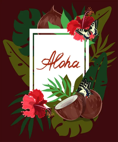 Rectangle aloha feuilles tropicales, hibiscus et cadre de noix de coco sur fond sombre. Fleurs tropicales, feuilles et plantes de fond. Fond sombre. Image vectorielle . — Image vectorielle