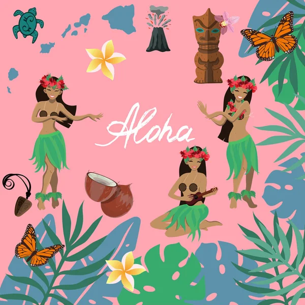 Símbolos tradicionales de la cultura hawaiana conjunto, flor de hibisco, niñas bailando hula y jugando ukeleles, islas, volan, mariposas, plumeria, ídolo, mascota, marco de hojas vector ilustración . — Vector de stock