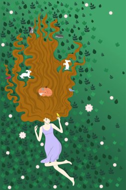 Orman hayvanlarıyla birlikte yeşil çimenlerin üzerinde yatan kız. İllüstrasyon doğaya olan sevgiyi gösterir. Kampanya afişleri, reklamlar, afişler ve daha fazlası için.