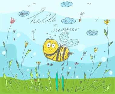 Bir yazıt merhaba yaz ile Kartpostal. Bir arı ile doodle tarzında vektör illüstrasyon.