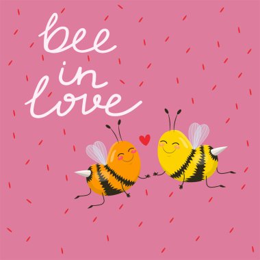 Sevgililer tasarımı için arılar bir çift sevimli bir karikatür görüntü aşık Tipografik tasarım arı.