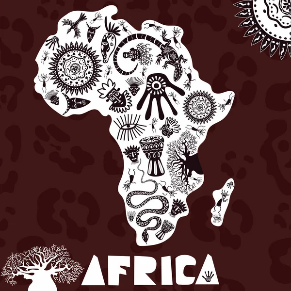 Etno deseni, kabile arka plan ile Afrika Vektör haritası. Panter cilt arka plan üzerinde Afrika Vektör illüstrasyon.