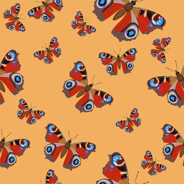 Seamless vector pattern with burgundy butterflies on a orange background. Pattern for textiles, paper packaging, design element. — Stock Vector