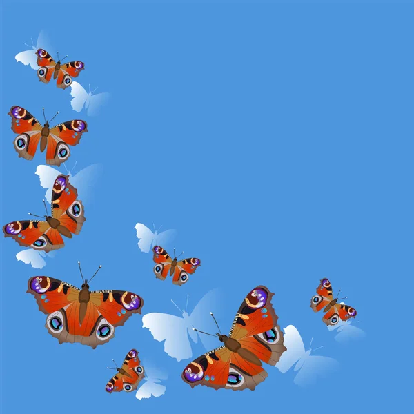 Esquina del marco hecha de mariposas de pavo real en vuelo sobre fondo azul. Ilustración vectorial . — Archivo Imágenes Vectoriales