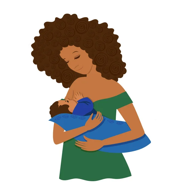 Una giovane donna dalla pelle scura nutre suo figlio. Isolato su sfondo bianco. Clip art vettoriale . — Vettoriale Stock