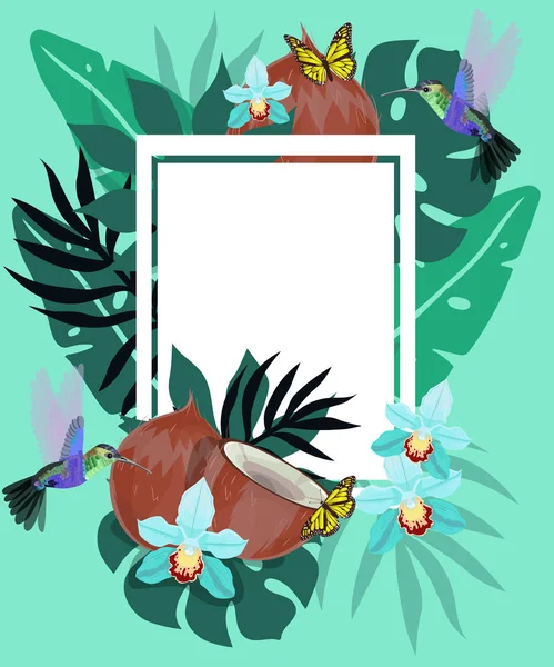 Летний фон с колибри, кокосом, бабочками и голубой орхидеей. Цветочная рамка с маленькими колибри, летающими рядом с цветами. Векторный плакат . — стоковый вектор
