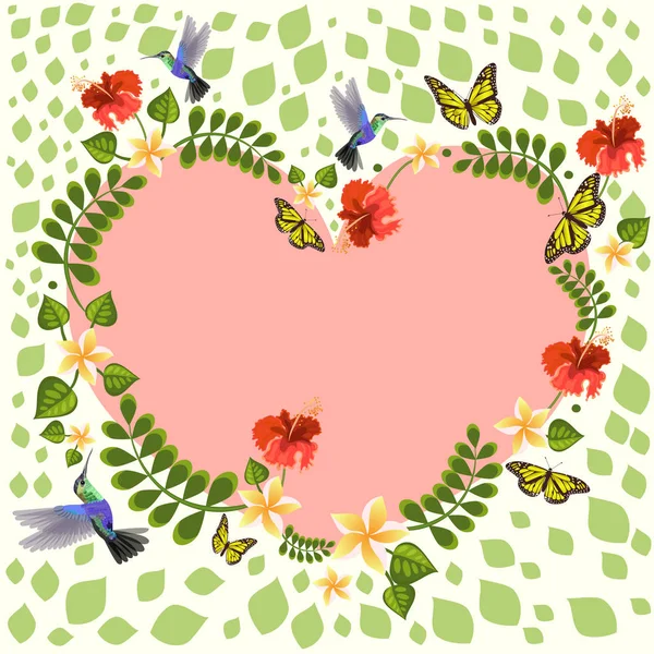 Ilustración vectorial con colibríes, plumeria, mariposas, hibisco. Ilustraciones florales para invitaciones, tarjetas de boda. Las flores en el marco en forma del corazón . — Vector de stock