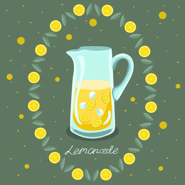 Jarra con limón. Lemon. Ilustración vectorial. Sobre un fondo verde con burbujas . — Vector de stock