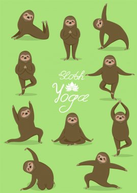 Tembel yoga. Farklı pozlar. Vektör seti. Tüm elementler izole edilmiştir. Sevimli hayvanlar.
