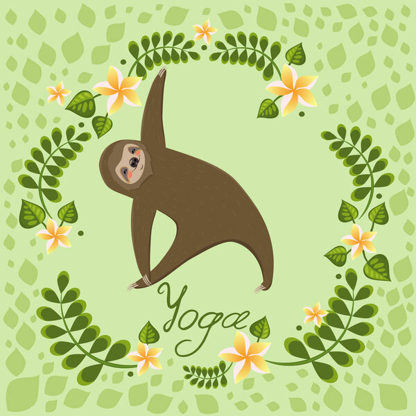 Симпатичный мультяшный ленивец, стоящий в позе йоги. Мультяшные животные векторная иллюстрация. Уникальная нарисованная вручную векторная иллюстрация с ленивцем. Векторная Графика