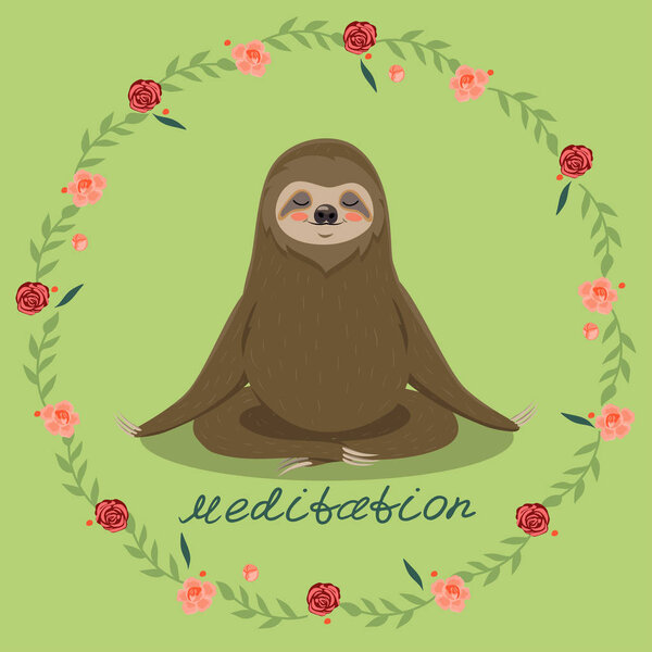 Симпатичный ленивец в позе медитации йоги. Векторная открытка с надписью медитации. Стоковый вектор