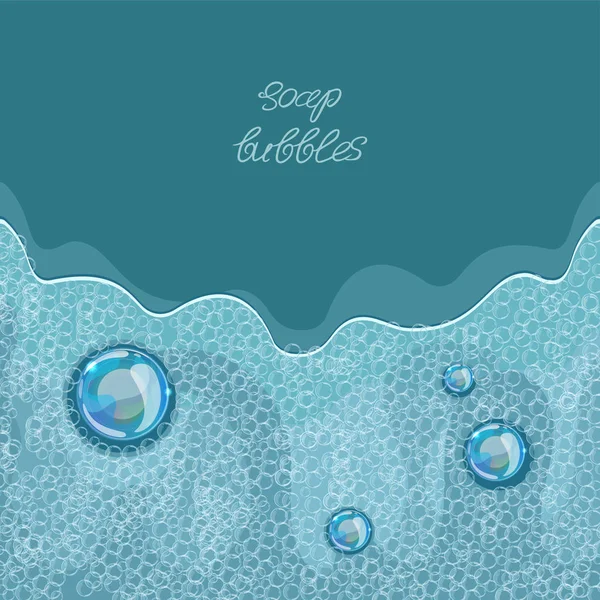 Jabón sud. Vector de espuma transparente sobre fondo de agua azul. Colores globales — Archivo Imágenes Vectoriales